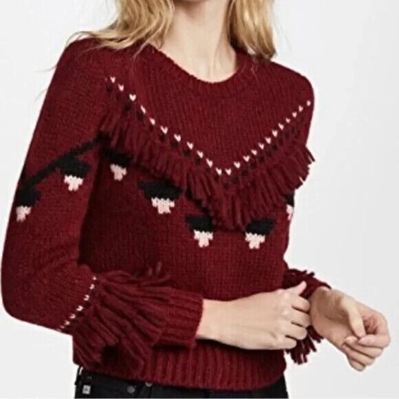 LoveShackFancy Atlas Fringe Crop Red Baby Alpaca Wool Blend Sweater Size‎ Small - Picture 1 of 9